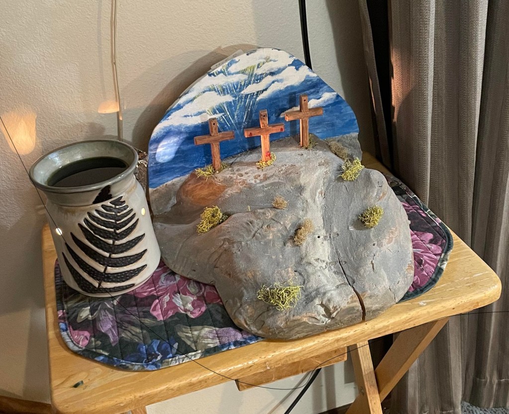 Crucifixion scene in natural room lighting. Photo by Mike Horton.